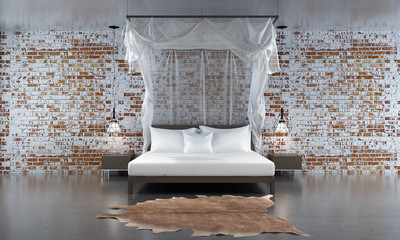 3d rendering of bedroom design with red brick wall
