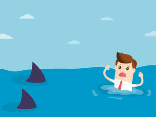 Obraz na płótnie Canvas businessman drowning near hungry sharks