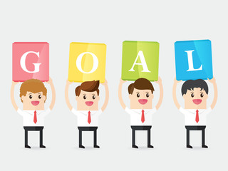 group of businessman carrying colourful cubic box with word GOAL. spirit of teamwork