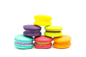 Sweet and colourful french macaroons or macaron isolated on white background, Dessert.