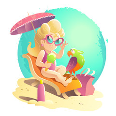 Obraz na płótnie Canvas Vector flat summer cartoon illustration. Sea coast, sand, sky. Young cute smiling girl. Summer postcard, advertising, poster. 