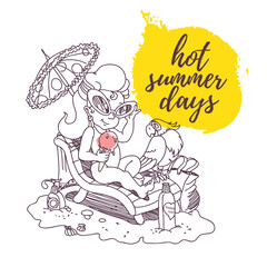 Vector flat summer cartoon illustration. Sea coast, sand, sky. Young cute smiling girl. Summer postcard, advertising, poster. 