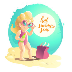 Vector flat summer cartoon illustration. Sea coast, sand, sky. Young cute smiling girl. Summer postcard, advertising, poster. 