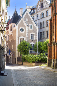 Fototapeta Street without people early in the morning. Europe. Riga