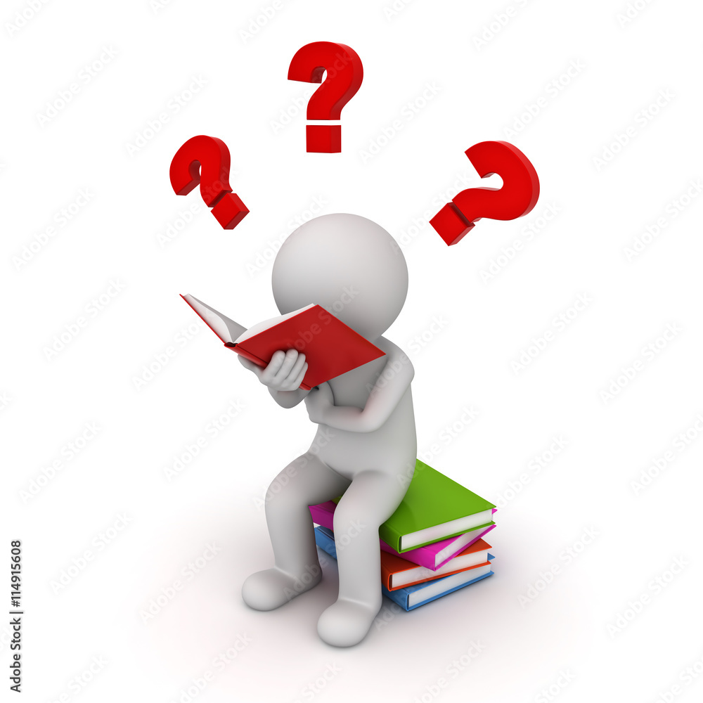 Fototapete 3d man sitting on a pile of books and reading with red question marks isolated over white background