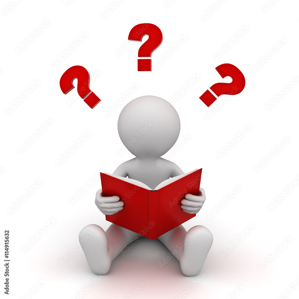 Poster 3d man sitting and reading a red book with question marks isolated over white background 3d renderin
