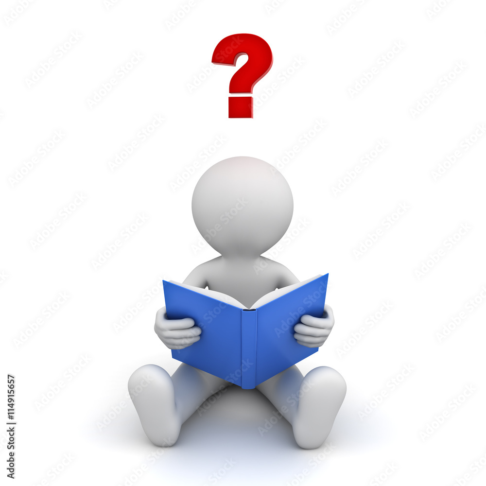 Poster 3d man sitting and reading a book with red question mark isolated over white background 3d rendering