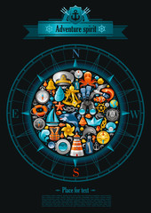 Sea sailing travel poster design on black background with sailing icon set in compass rose. Yachting coat of arms, compass rose, binoculars, killer whale, porthole, message in bottle, yacht