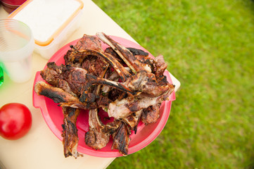 barbecue in a plastic bowl on the edge of the table at the picnic