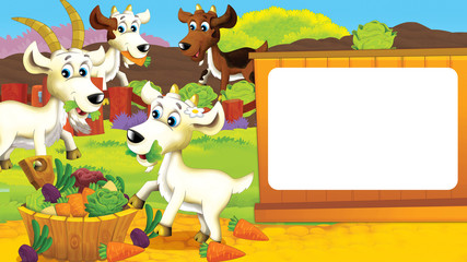 Obraz na płótnie Canvas Cartoon scene of a goat on the farm having fun - eating together with goat family - illustration for children
