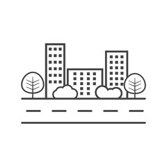 Vector city illustration in flat style. Building, tree and shrub on road on white background