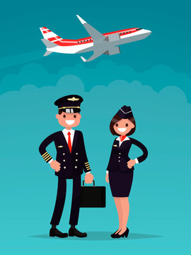 Pilot and a flight attendant on a background of an airplane taking off