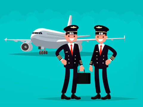 Two pilots on the background of the aircraft. Vector illustration