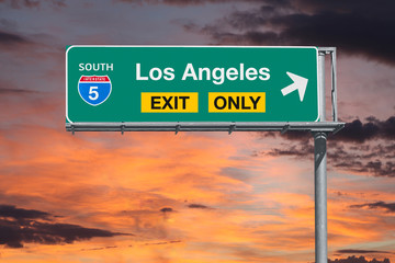 Los Angeles Exit Only Freeway Sign with Sunrise Sky