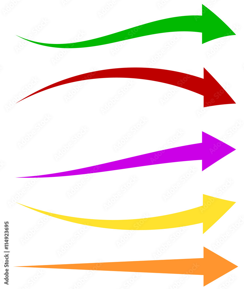 Poster set of 5 colorful arrow shapes. long, horizontal arrows