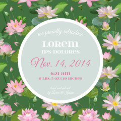 Baby Arrival or Shower Card - with Waterlily Floral Design - in vector