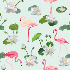 Obraz premium Flamingo ptak i tło kwiaty lilii wodnej. Retro wzór
