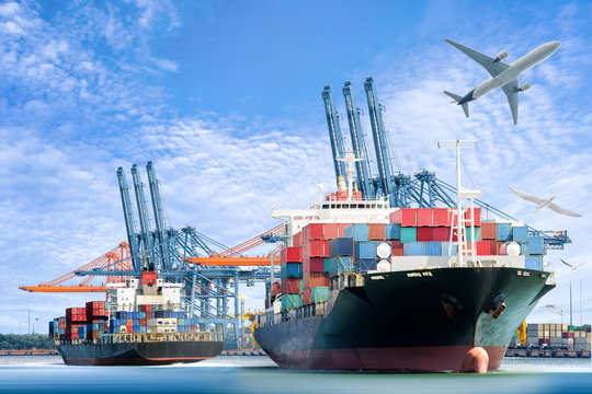 Container Cargo ship and Cargo plane for logistic import export background and transport industry.