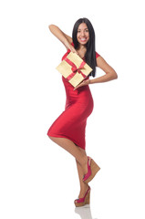 Woman with giftboxes isolated on white