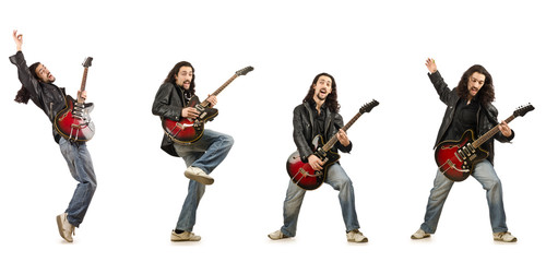 Funny guitar player isolated on white