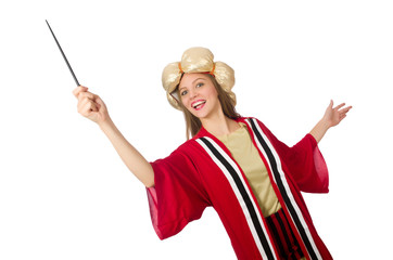Woman wizard in red clothing isolated on white