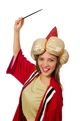 Woman wizard in red clothing isolated on white