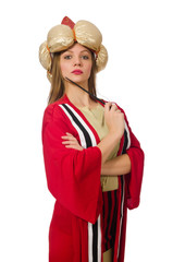 Woman wizard in red clothing isolated on white