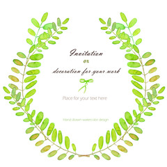 Wreath, circle frame with the acacia tree branches, hand drawn on a white background, background for your card and work