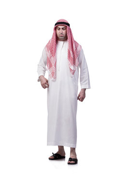 Unhappy young arab man isolated on white