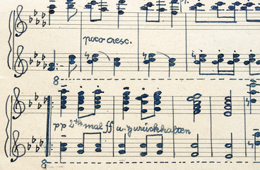 Altes, vergilbtes handgeschriebenes Notenblatt, Musiknoten, Textur, Hintergrund 