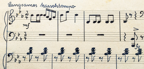 Altes, vergilbtes handgeschriebenes Notenblatt, Musiknoten, Textur, Hintergrund 