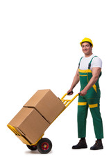 Man moving boxes isolated on the white background