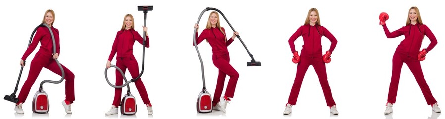 Fototapeta premium Young woman with vacuum cleaner on white