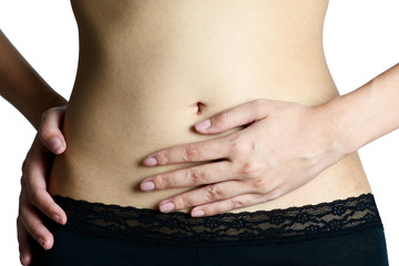 Naklejka premium Woman holding her stomach on pain area, isolate on white background.