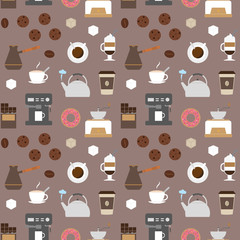 Coffee flat icons seamless pattern 2. Flat icons illustrations of making coffee. Coffee delicacy. Coffee break icons set.
