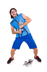 Funny guy with dumbbels on white