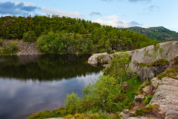 Fototapeta na wymiar View from hiking trail to Preikestolen (Pulpit Rock) in Norway.