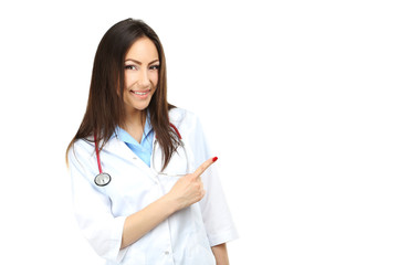 Portrait of young medical doctor on a white background