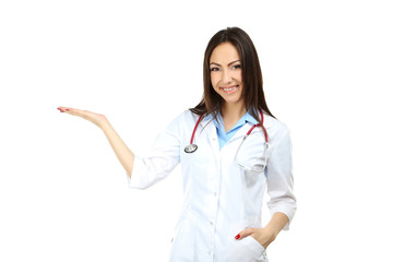 Portrait of young medical doctor on a white background