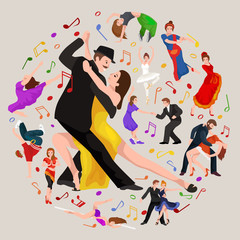 Obraz na płótnie Canvas Dancing People, Dancer Bachata, Hiphop, Salsa, Indian, Ballet, Strip, Rock and Roll, Break, Flamenco, Tango, Contemporary, Belly Dance Pictogram Icon. Dancing style of design concept set