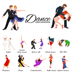 Dancing People, Dancer Bachata, Hiphop, Salsa, Indian, Ballet, Strip, Rock and Roll, Break, Flamenco, Tango, Contemporary, Belly Dance Pictogram Icon. Dancing style of design concept set