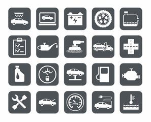 Repair and maintenance of vehicles, single-color icons, grey. 