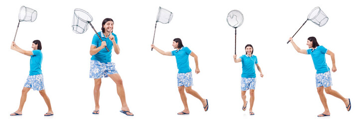 Man with big catching net isolated on white