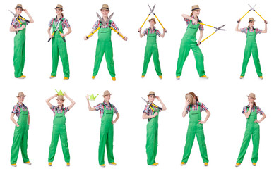 Collage of young woman with shears on white