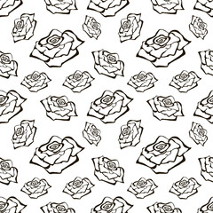 Seamless vector floral pattern with flowers. Hand drawn black and white background with rose. Inc painting. Series of Hand Drawn Seamless Patterns.