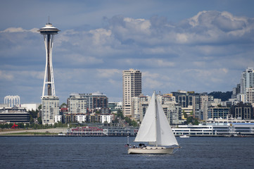 Seattle Skyline. A summertime view of the Seattle skyline looking from west Seattle across Elliott...