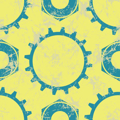 Vector seamless patterns with mechanism of watch. Creative geometric yellow grunge backgrounds with blue gear wheel. Texture with cracks, ambrosia, scratches, attrition. Graphic illustration.