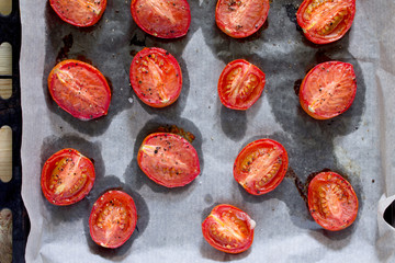Sun-dried tomatoes - cooking process, top view.