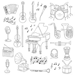 Music icon set vector illustrations hand drawn doodle. Musical instruments piano, guitar, accordion, gramophone, violin,  saxophone, music notes, microphone, headphones, record player, harp.