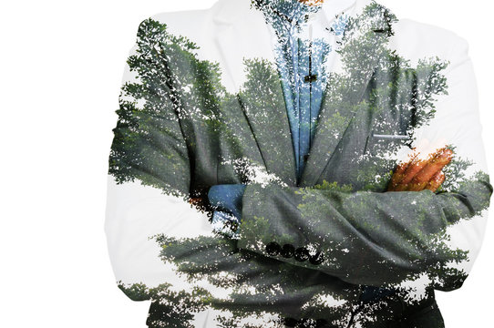 Double Exposure of Businessman with Big Tree and Leaf as Busines